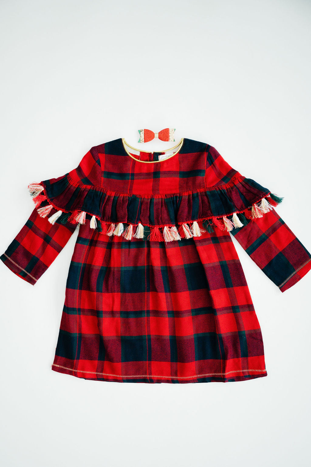 Mudpie Tartan Plaid Dress with Fringe and Gold Detail at Neckline