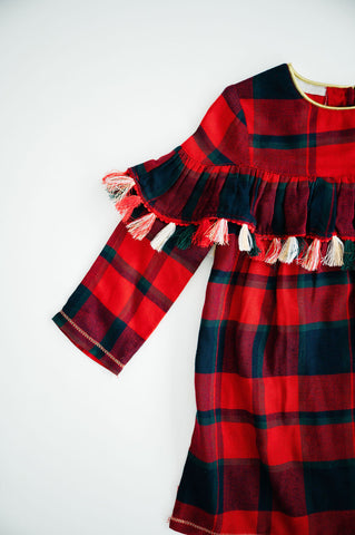 Mudpie Tartan Plaid Dress with Fringe and Gold Detail at Neckline