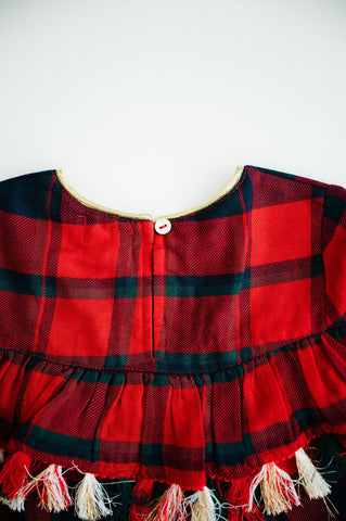 Mudpie Tartan Plaid Dress with Fringe and Gold Detail at Neckline