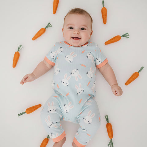 Clover Cottage | Blue Bunny Romper W/ Orange Trim