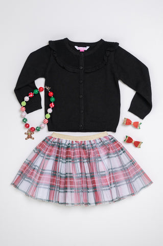 RuffleButts Black Ruffle Trim Cardigan