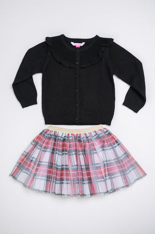 RuffleButts Black Ruffle Trim Cardigan