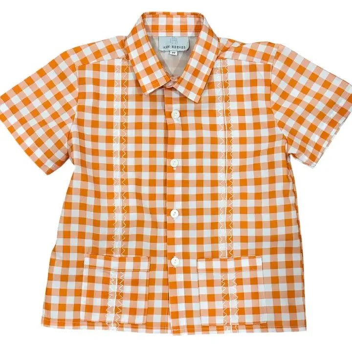 Ann Reeves - Burnt Orange Gingham Boys S/S Shirt - Premium children's boutique apparel item